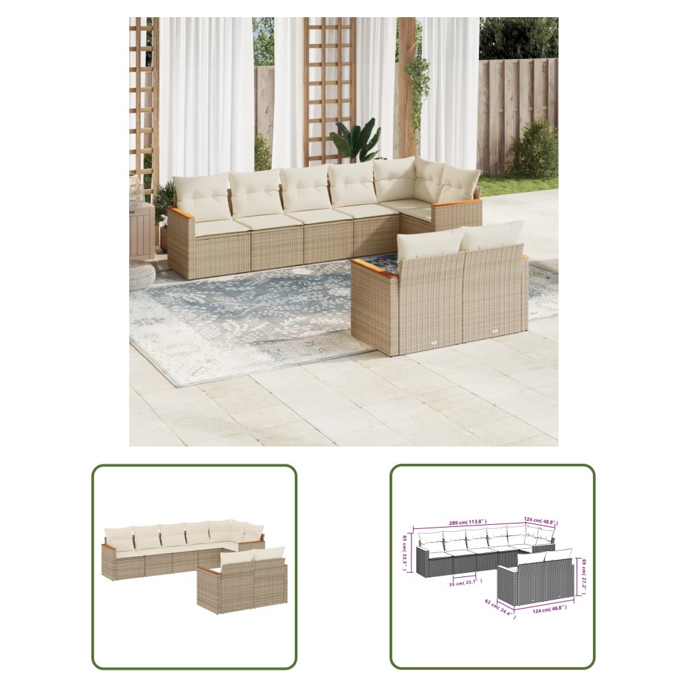 The Living Store 8-cz. zestaw mebli ogrodowych z poduszkami - beżowy - polirattan - Sofa Ogrodowa