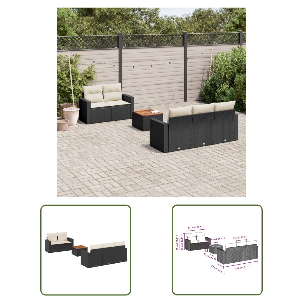 The Living Store 6-cz. zestaw mebli ogrodowych z poduszkami - czarny polirattan - Sofa Ogrodowa