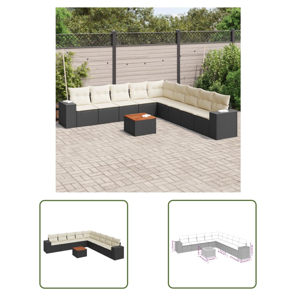 The Living Store 10-cz. zestaw wypoczynkowy do ogrodu - poduszki czarny rattan PE - Sofa Ogrodowa