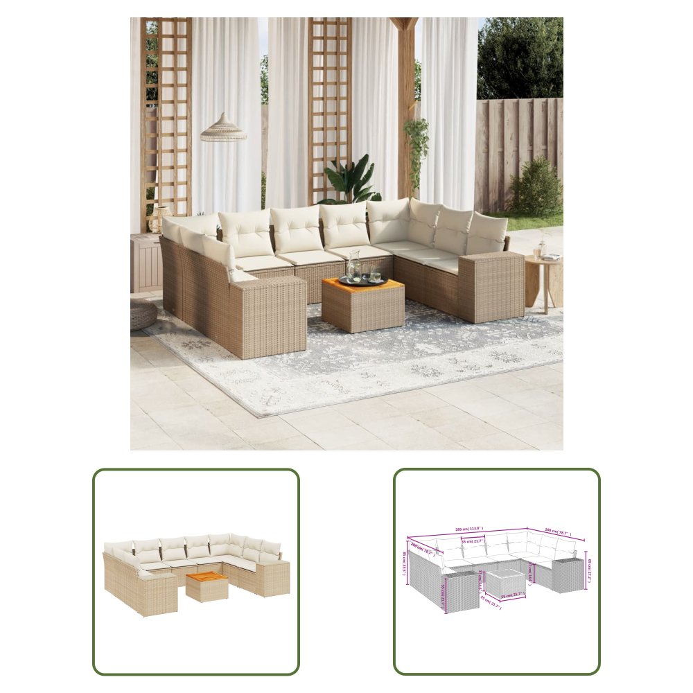 The Living Store 10-cz. zestaw mebli ogrodowych z poduszkami - beżowy - polirattan - Sofa Ogrodowa