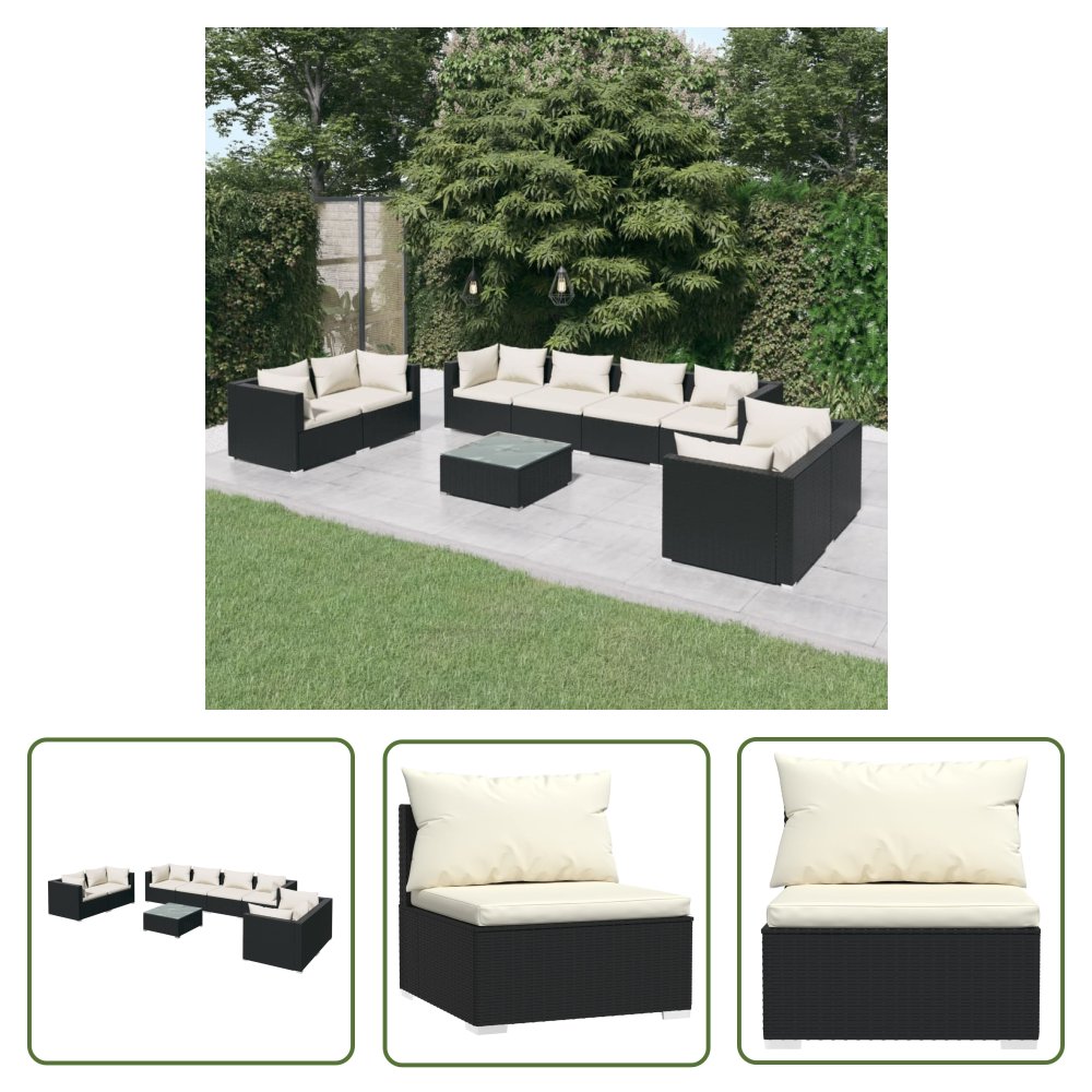The Living Store 9-cz. zestaw wypoczynkowy do ogrodu - poduszki - rattan PE czarny - Zestaw Mebli Ogrodowych