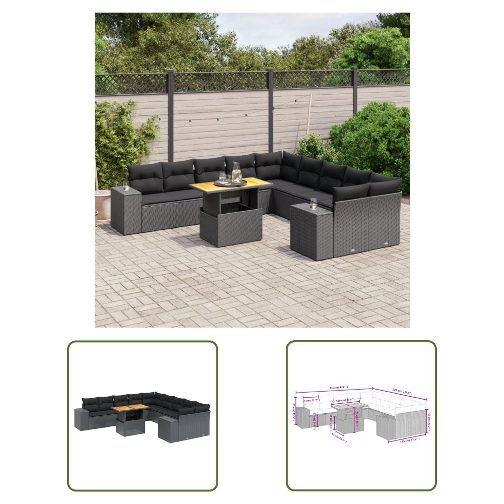 The Living Store 11-cz. zestaw wypoczynkowy do ogrodu - poduszki czarny rattan PE - Sofa Ogrodowa