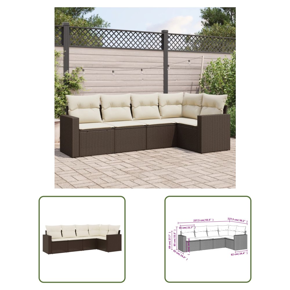 The Living Store 5-cz. zestaw mebli ogrodowych z poduszkami - brązowy - polirattan - Sofa Ogrodowa