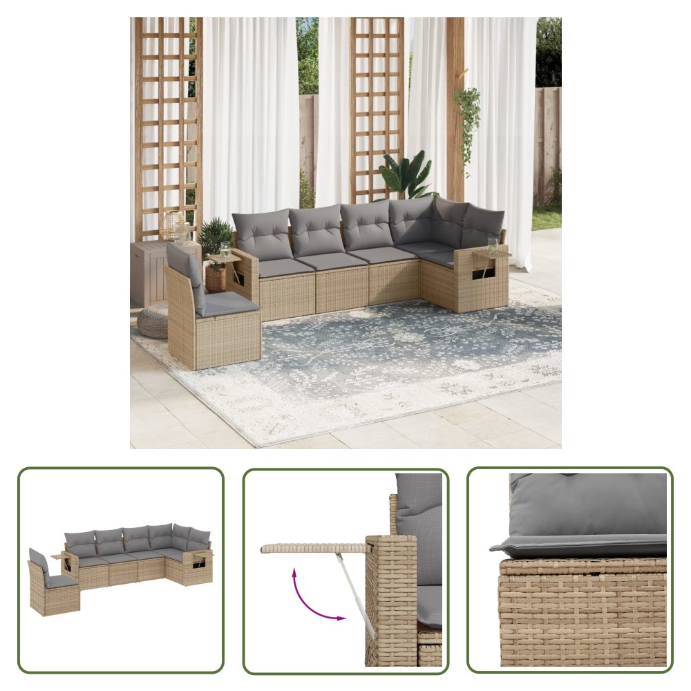 The Living Store 6-cz. zestaw mebli ogrodowych z poduszkami - beżowy - polirattan - Sofa Ogrodowa