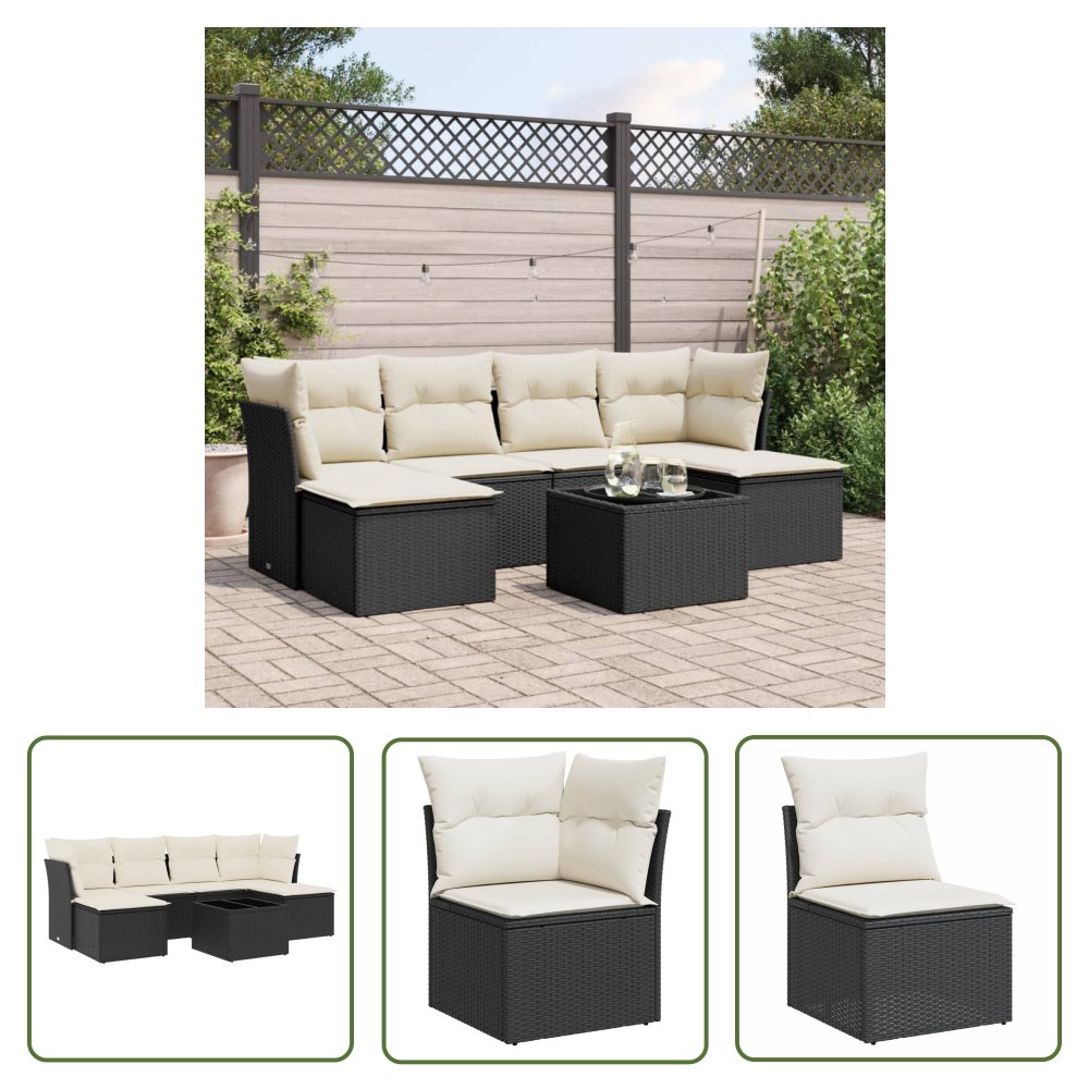 The Living Store 7-cz. zestaw wypoczynkowy do ogrodu - z poduszkami - czarny - Sofa Ogrodowa