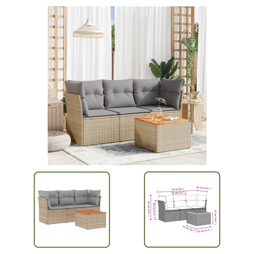 The Living Store 4-cz. zestaw mebli ogrodowych z poduszkami - beżowy - polirattan - Sofa Ogrodowa