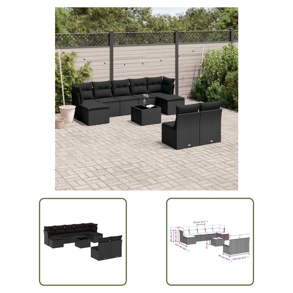 The Living Store 10-cz. zestaw wypoczynkowy do ogrodu - poduszki czarny rattan PE - Sofa Ogrodowa