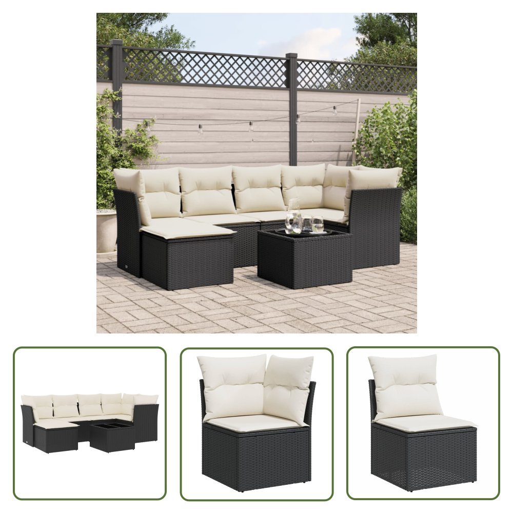 The Living Store 7-cz. zestaw wypoczynkowy do ogrodu - z poduszkami - czarny - Sofa Ogrodowa