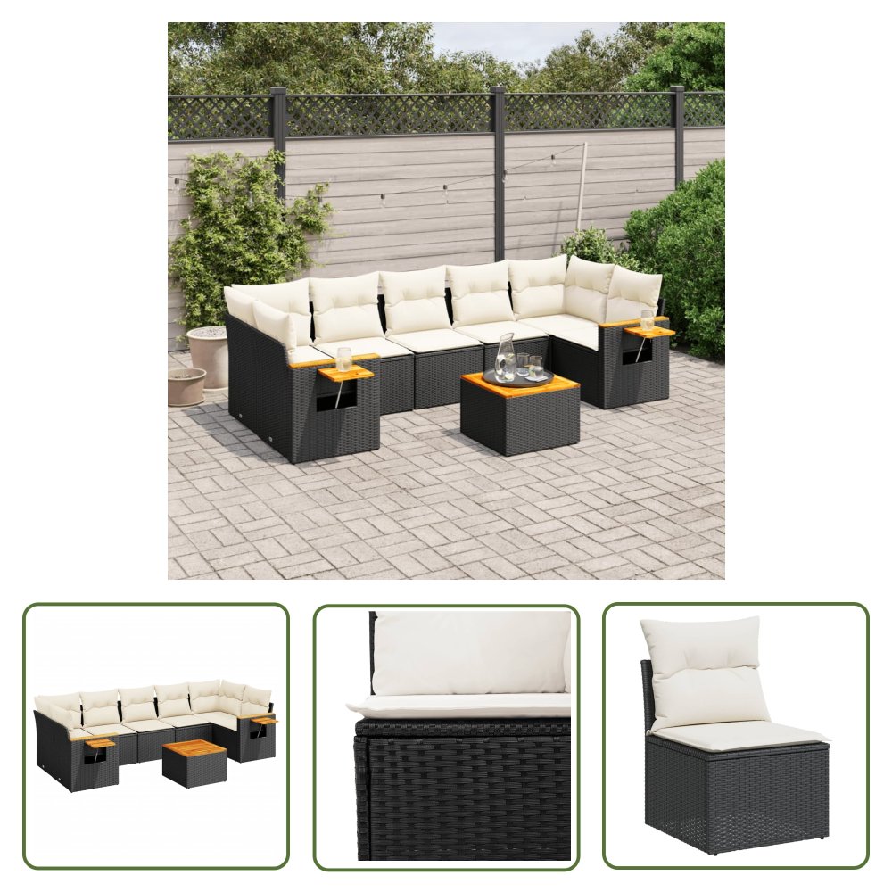 The Living Store 8-cz. zestaw wypoczynkowy do ogrodu - z poduszkami - czarny - Sofa Ogrodowa