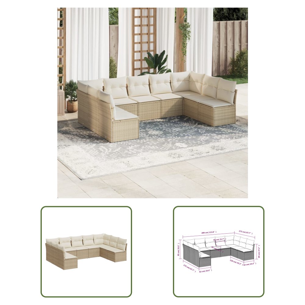 The Living Store 9-cz. zestaw mebli ogrodowych z poduszkami - beżowy - polirattan - Sofa Ogrodowa