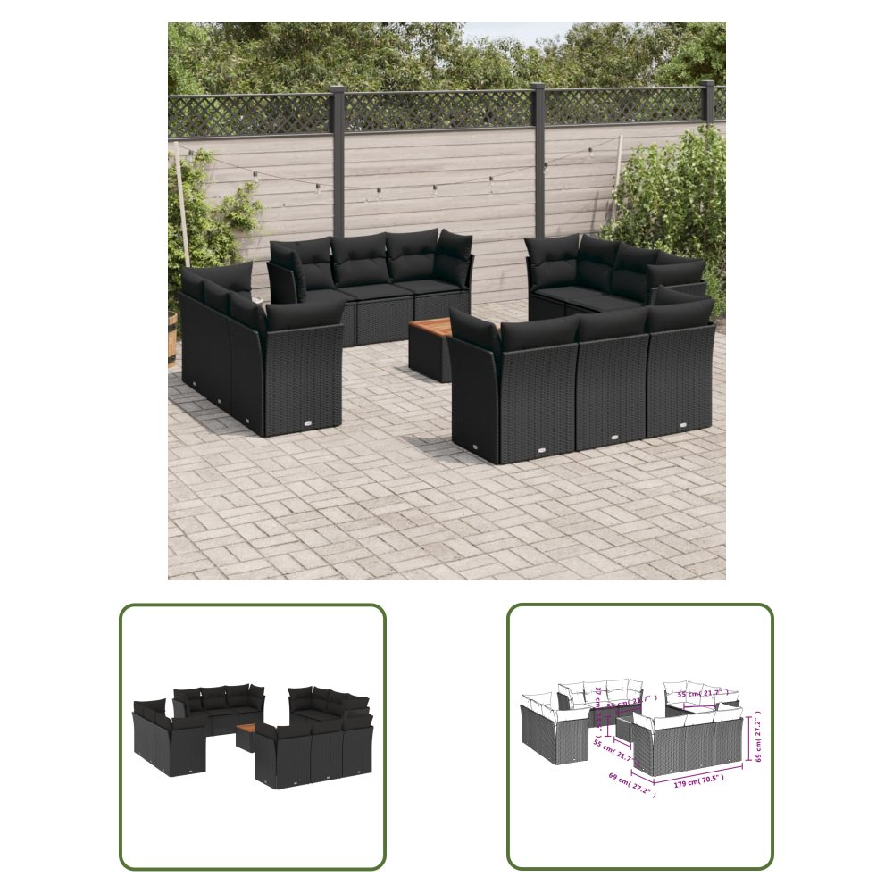The Living Store 13-cz. zestaw mebli do ogrodu - poduszki - czarny - rattan PE - Sofa Ogrodowa