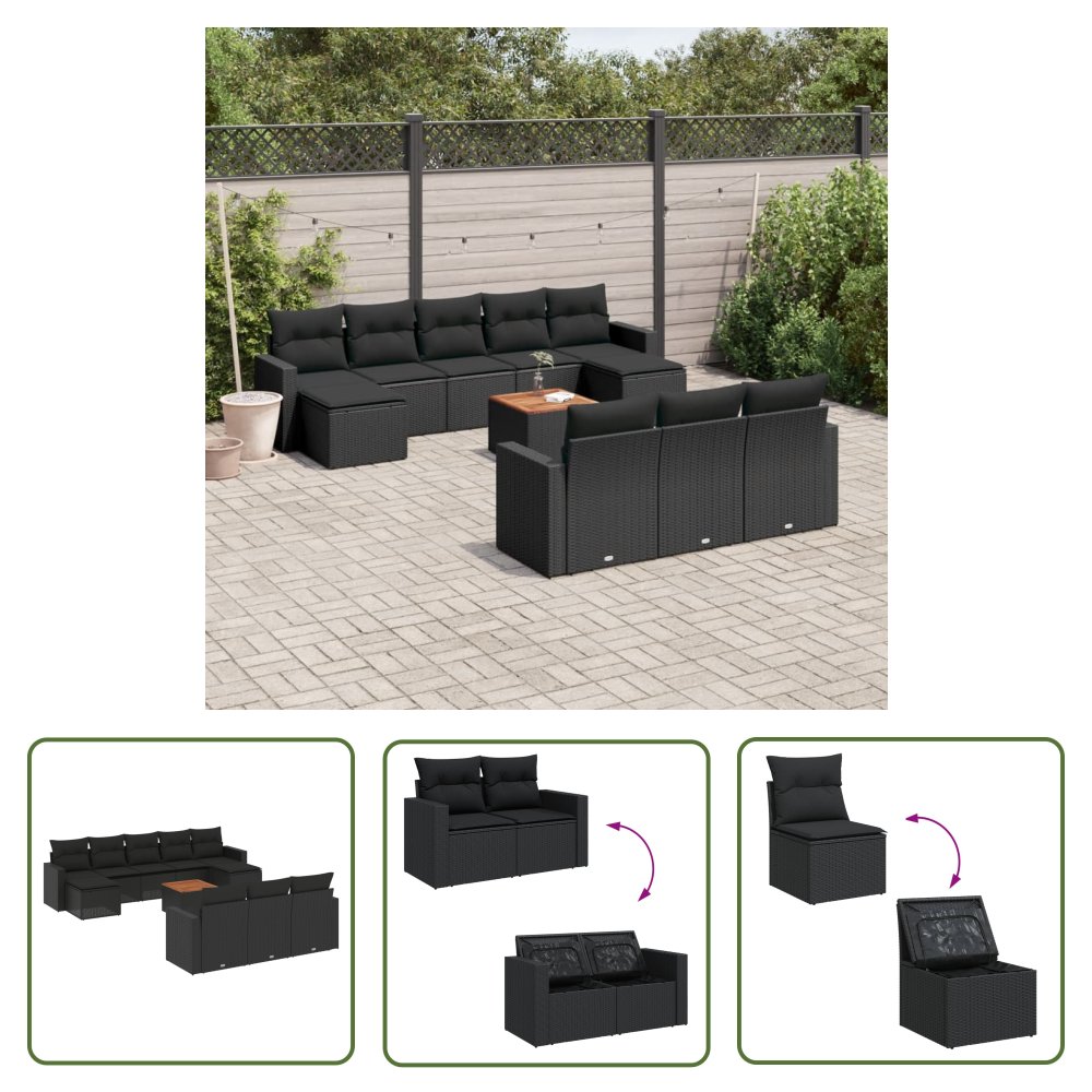 The Living Store 11-cz. zestaw wypoczynkowy do ogrodu - poduszki czarny rattan PE - Sofa Ogrodowa