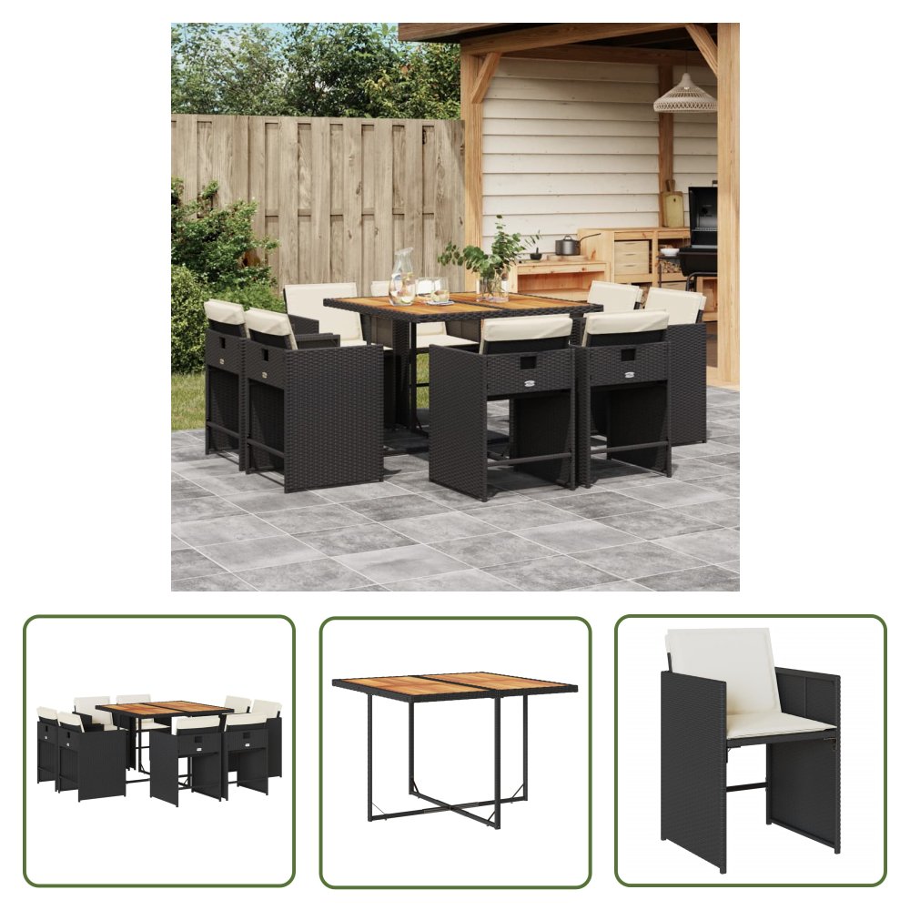 The Living Store 9-cz. zestaw mebli ogrodowych z poduszkami - czarny - rattan PE - Meble Ogrodowe