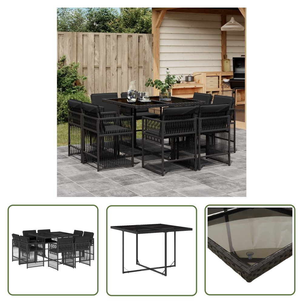 The Living Store 9-cz. zestaw mebli ogrodowych z poduszkami - czarny - rattan PE - Meble Ogrodowe