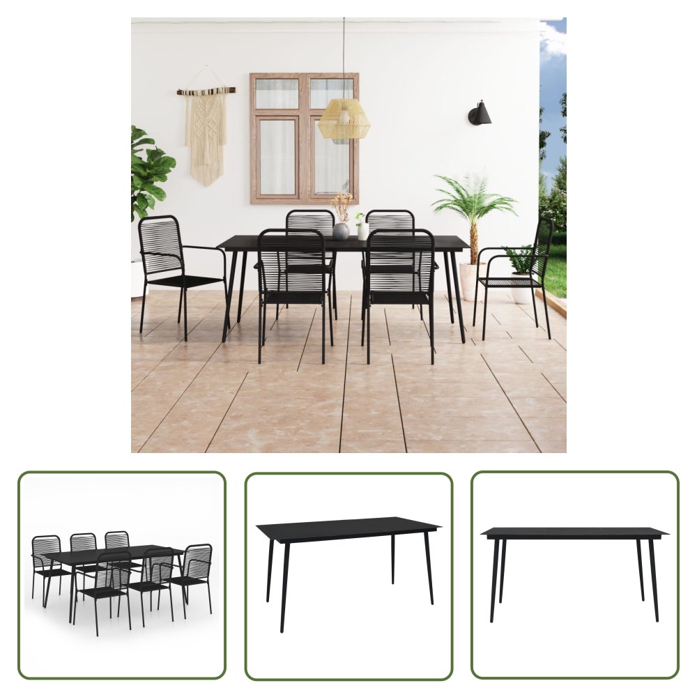 The Living Store 7-cz. zestaw mebli jadalnianych do ogrodu - sznur i stal - czarny - Zestaw Jadalniany