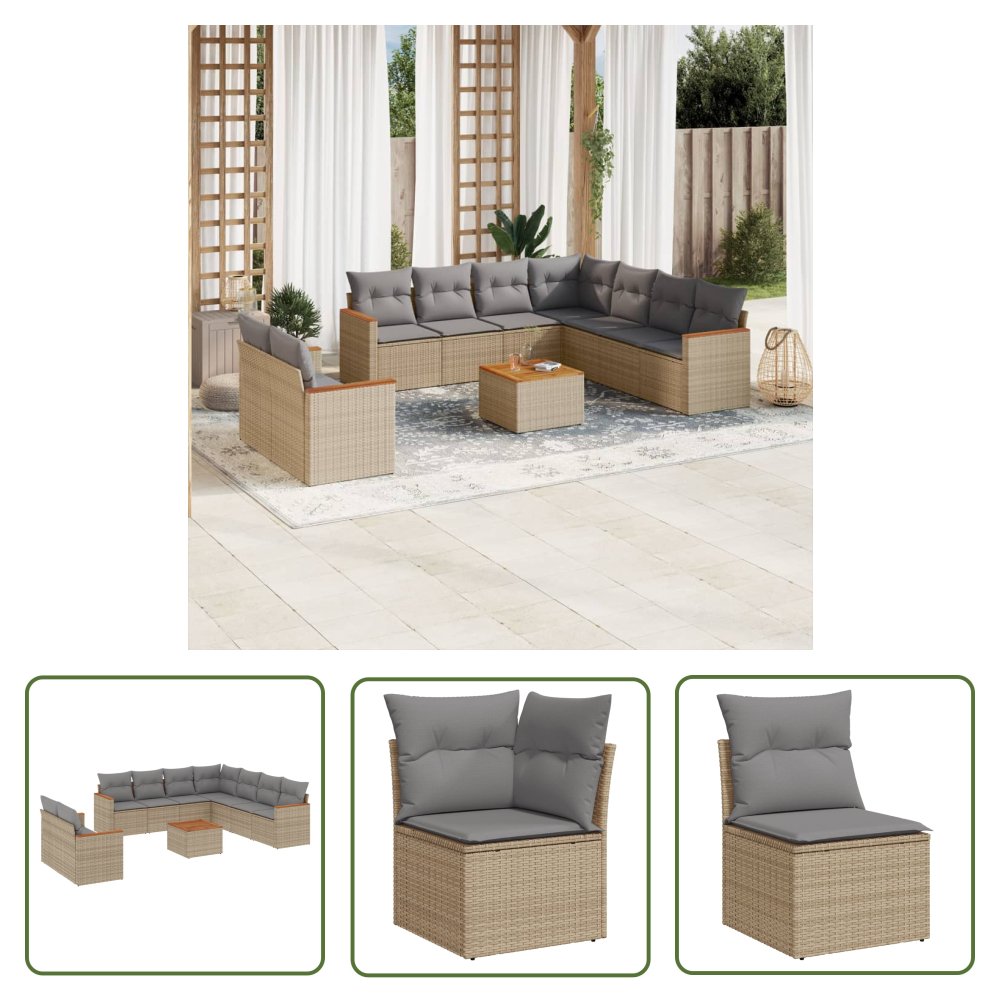 The Living Store 10-cz. zestaw mebli ogrodowych z poduszkami - mieszany beż - Sofa Ogrodowa