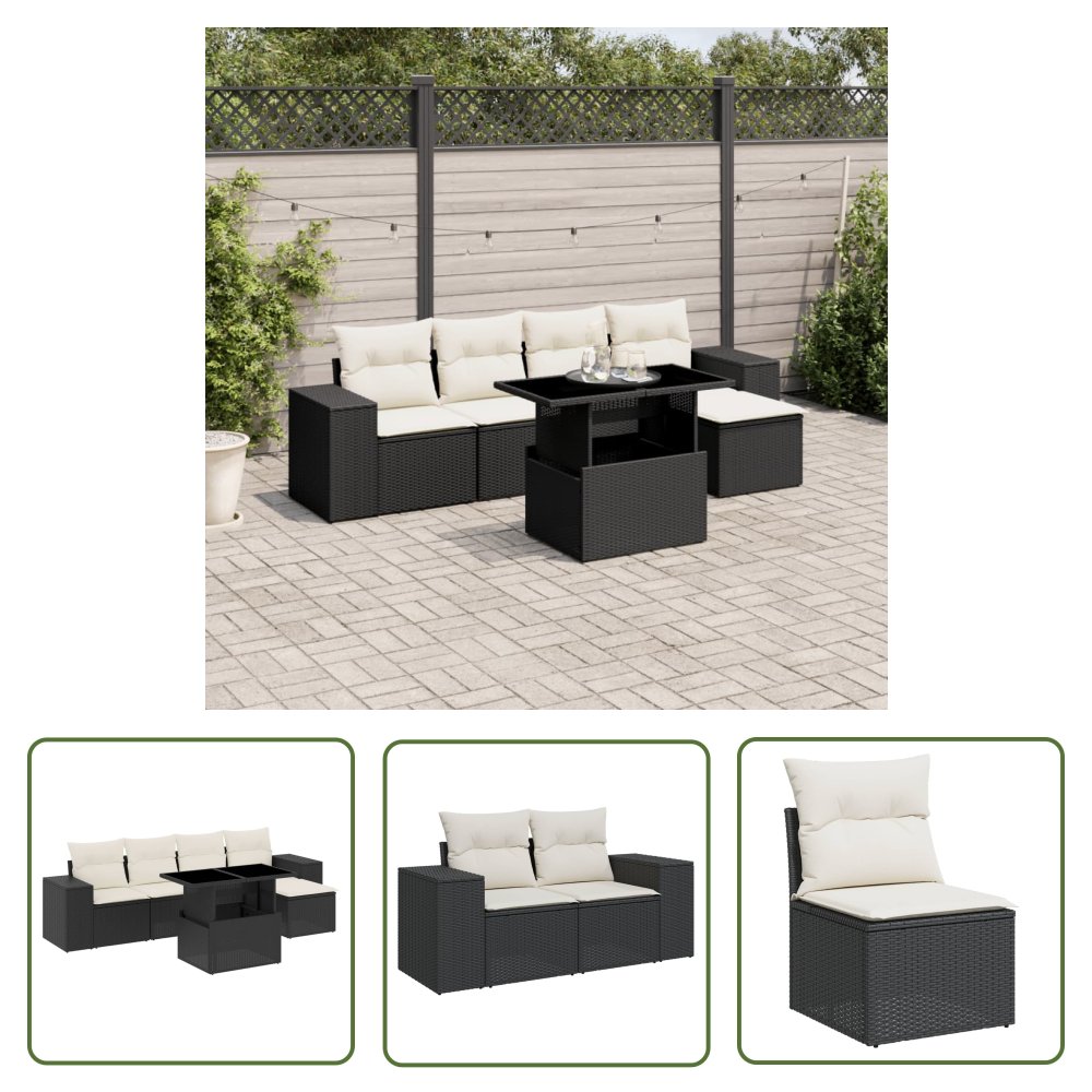 The Living Store 6-cz. zestaw mebli ogrodowych z poduszkami - czarny polirattan - Sofa Ogrodowa