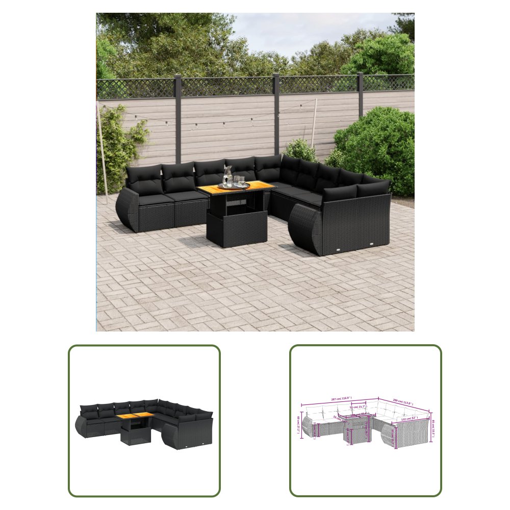 The Living Store 11-cz. zestaw wypoczynkowy do ogrodu - poduszki czarny rattan PE - Sofa Ogrodowa