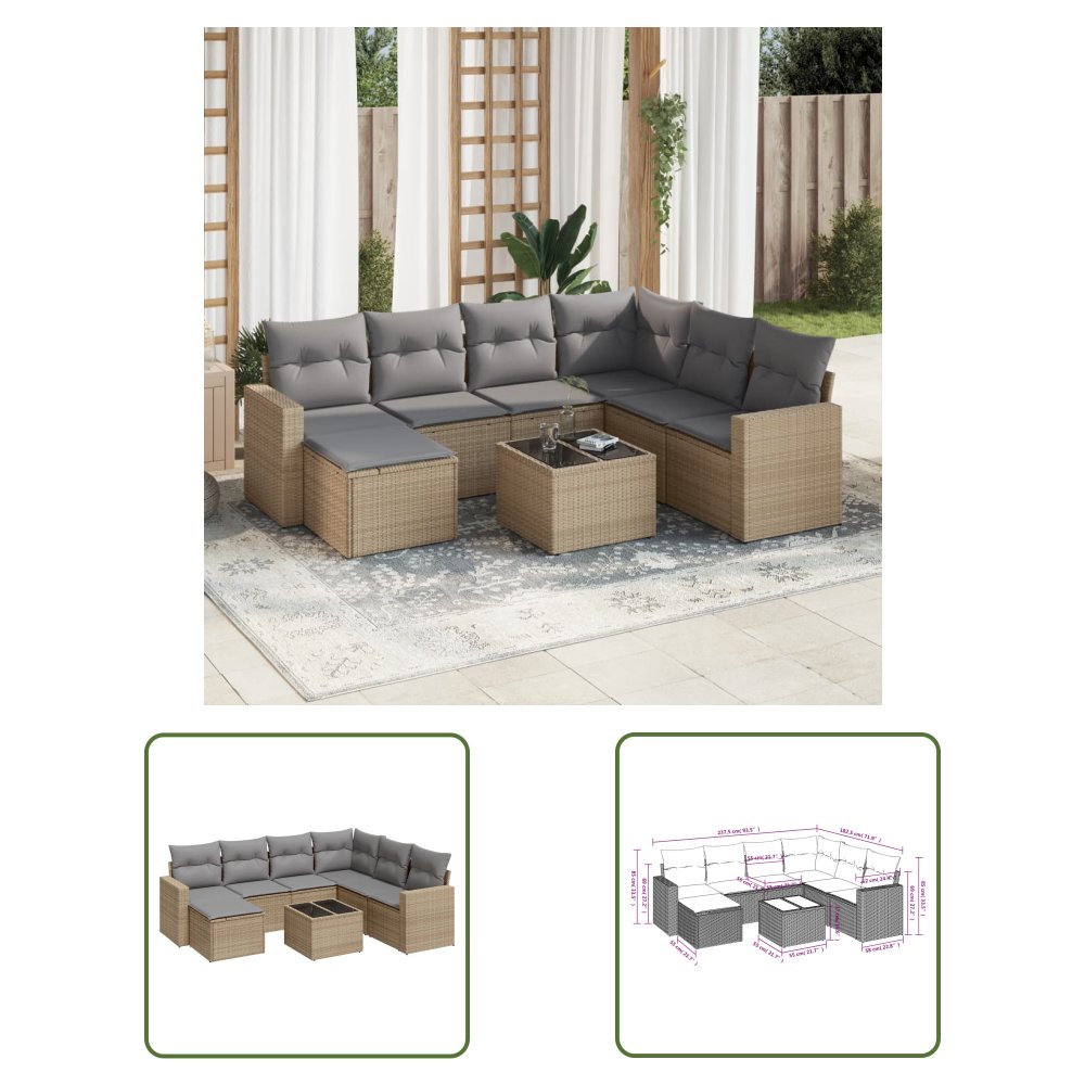 The Living Store 8-cz. zestaw mebli ogrodowych z poduszkami - beżowy - polirattan - Sofa Ogrodowa