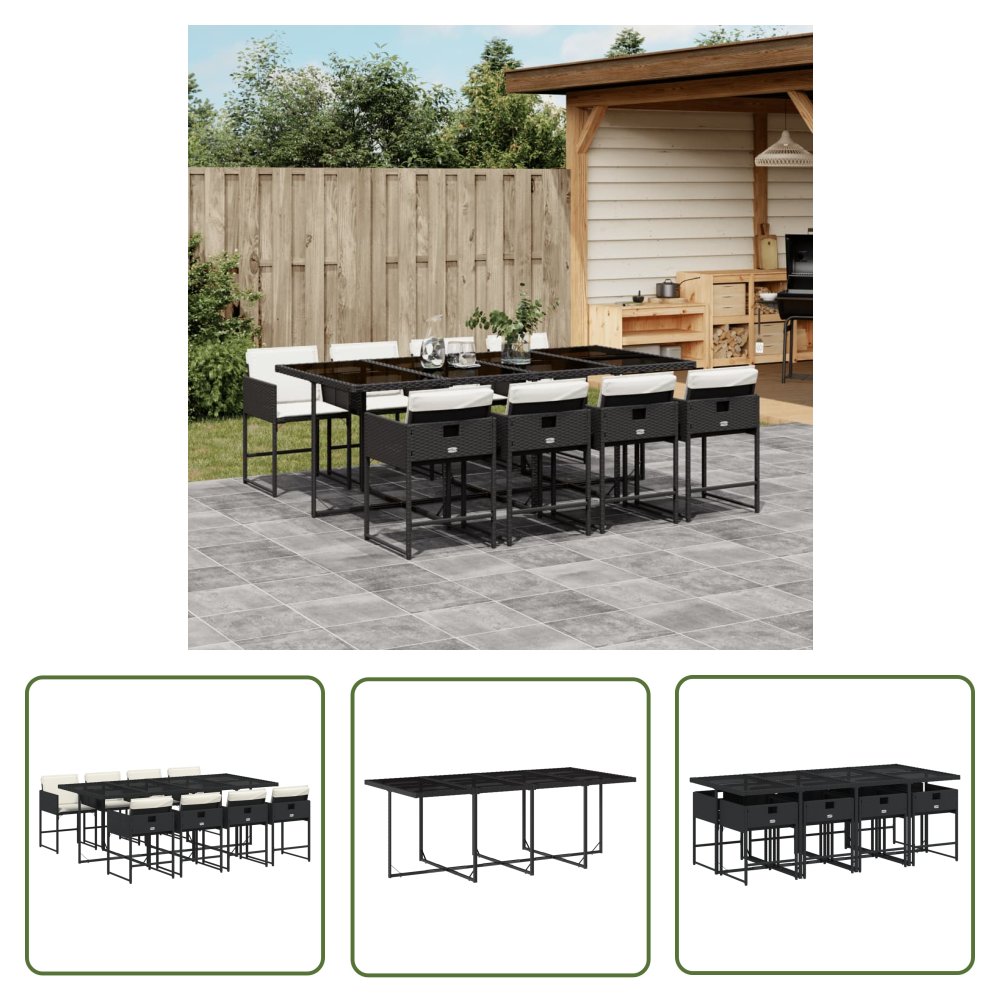 The Living Store 9-cz. zestaw mebli ogrodowych z poduszkami - czarny - rattan PE - Meble Ogrodowe