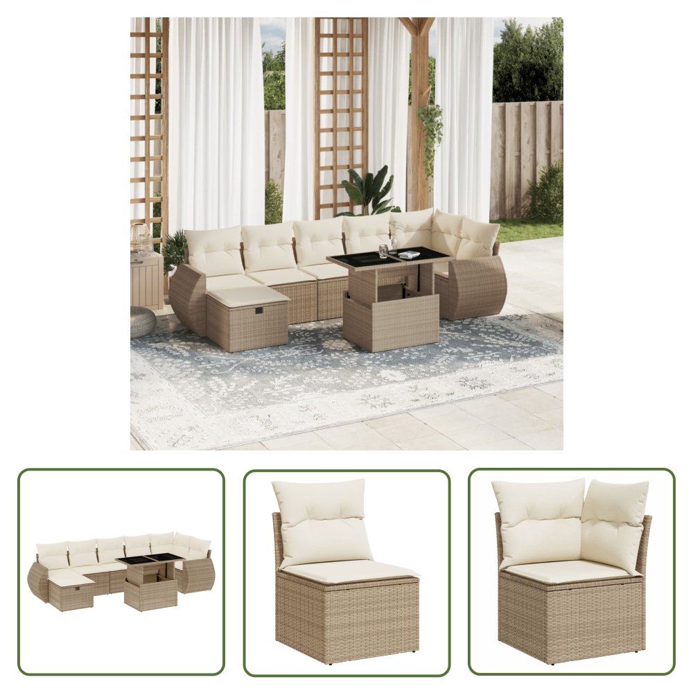 The Living Store 8-cz. zestaw mebli ogrodowych z poduszkami - beżowy - polirattan - Sofa Ogrodowa