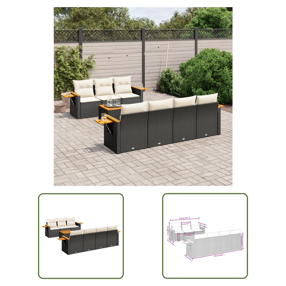 The Living Store 8-cz. zestaw wypoczynkowy do ogrodu - z poduszkami - czarny - Sofa Ogrodowa