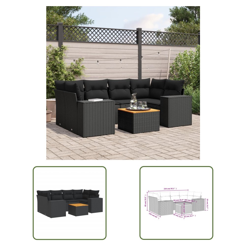 The Living Store 7-cz. zestaw wypoczynkowy do ogrodu - z poduszkami - czarny - Sofa Ogrodowa