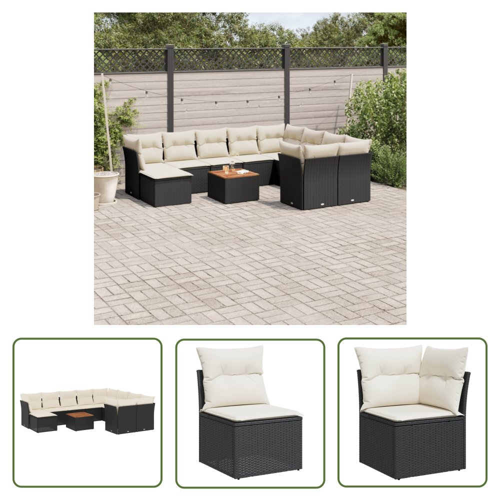 The Living Store 11-cz. zestaw wypoczynkowy do ogrodu - poduszki czarny rattan PE - Sofa Ogrodowa