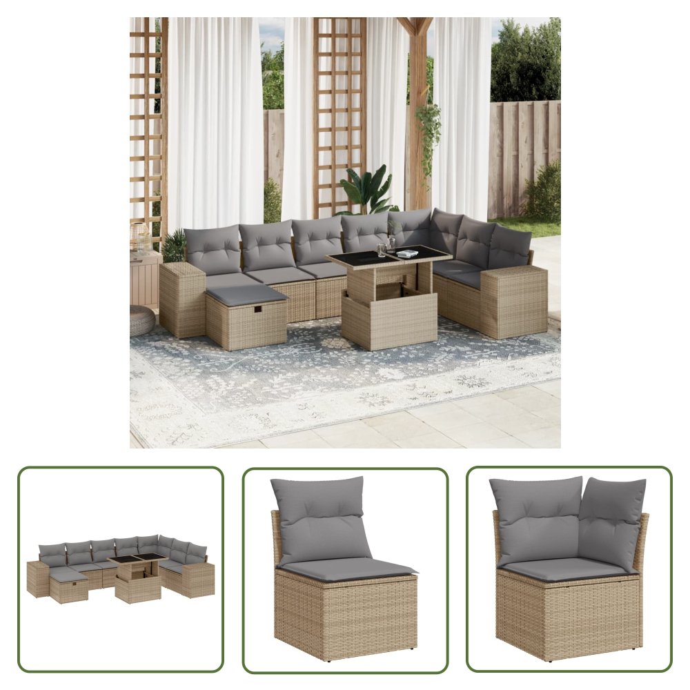The Living Store 9-cz. zestaw mebli ogrodowych z poduszkami - beżowy - polirattan - Sofa Ogrodowa