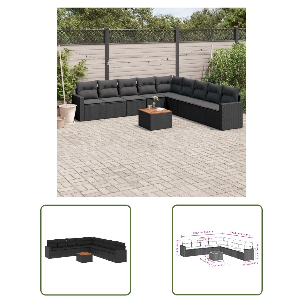 The Living Store 10-cz. zestaw wypoczynkowy do ogrodu - poduszki czarny rattan PE - Sofa Ogrodowa