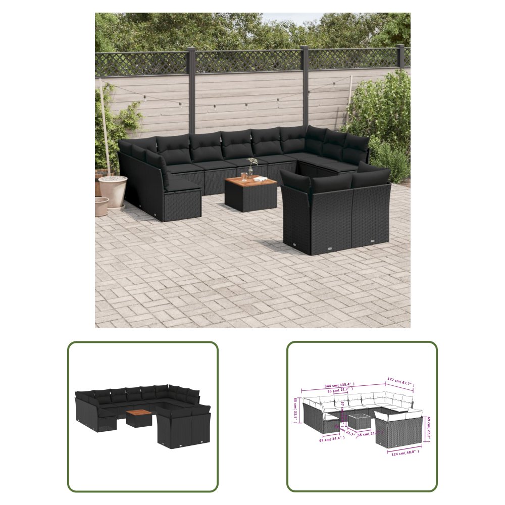 The Living Store 13-cz. zestaw mebli do ogrodu - poduszki - czarny - rattan PE - Sofa Ogrodowa
