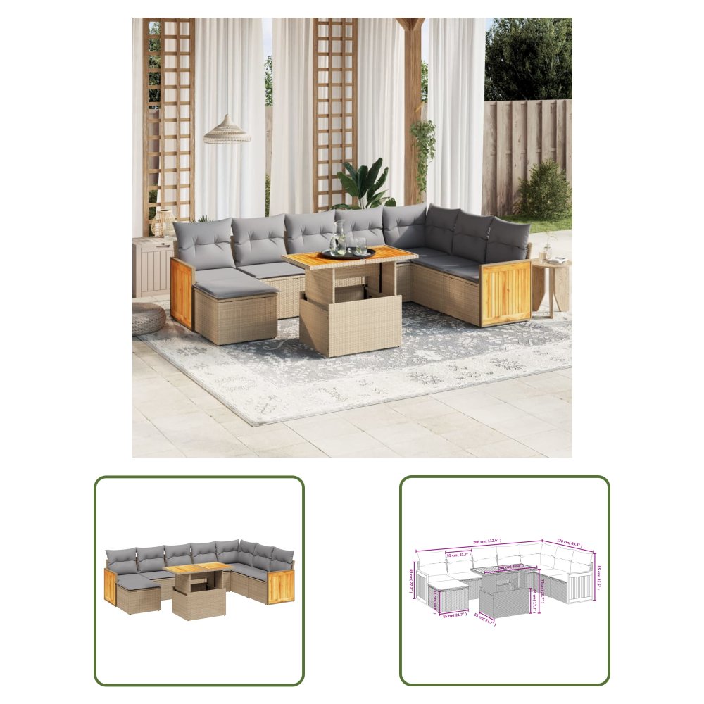 The Living Store 9-cz. zestaw mebli ogrodowych z poduszkami - beżowy - polirattan - Sofa Ogrodowa