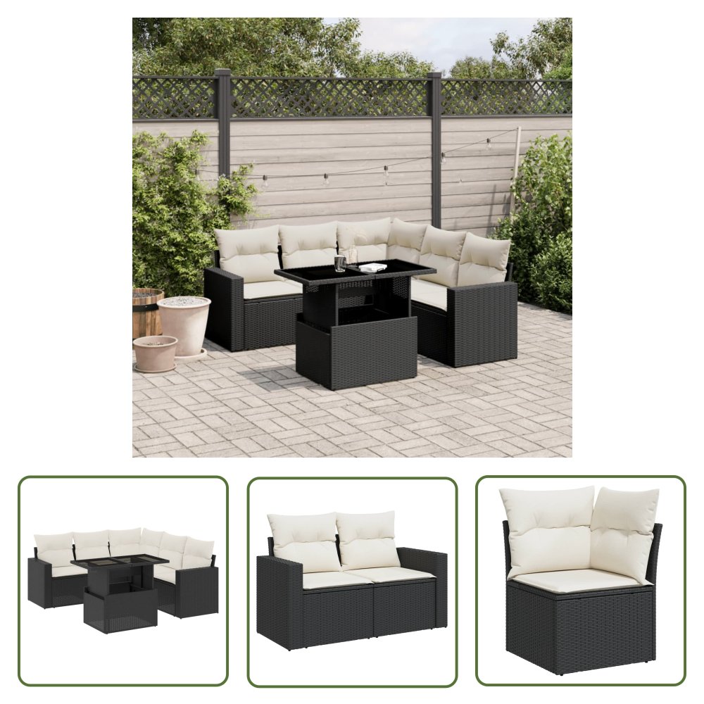 The Living Store 6-cz. zestaw mebli ogrodowych z poduszkami - czarny polirattan - Sofa Ogrodowa