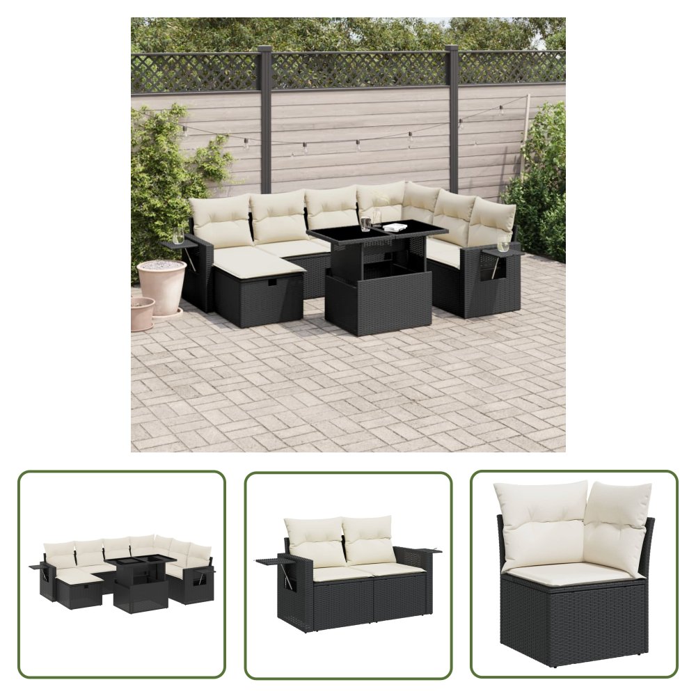 The Living Store 8-cz. zestaw wypoczynkowy do ogrodu - z poduszkami - czarny - Sofa Ogrodowa