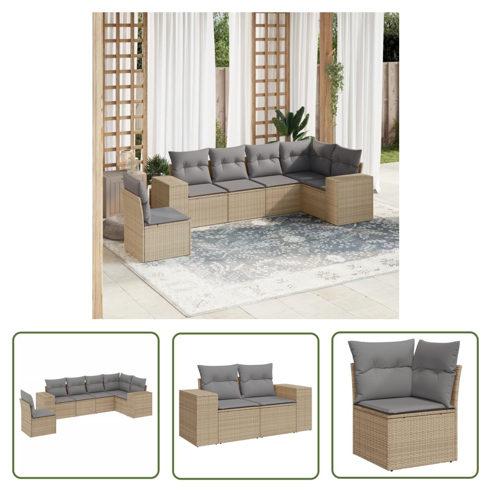 The Living Store 6-cz. zestaw mebli ogrodowych z poduszkami - beżowy - polirattan - Sofa Ogrodowa