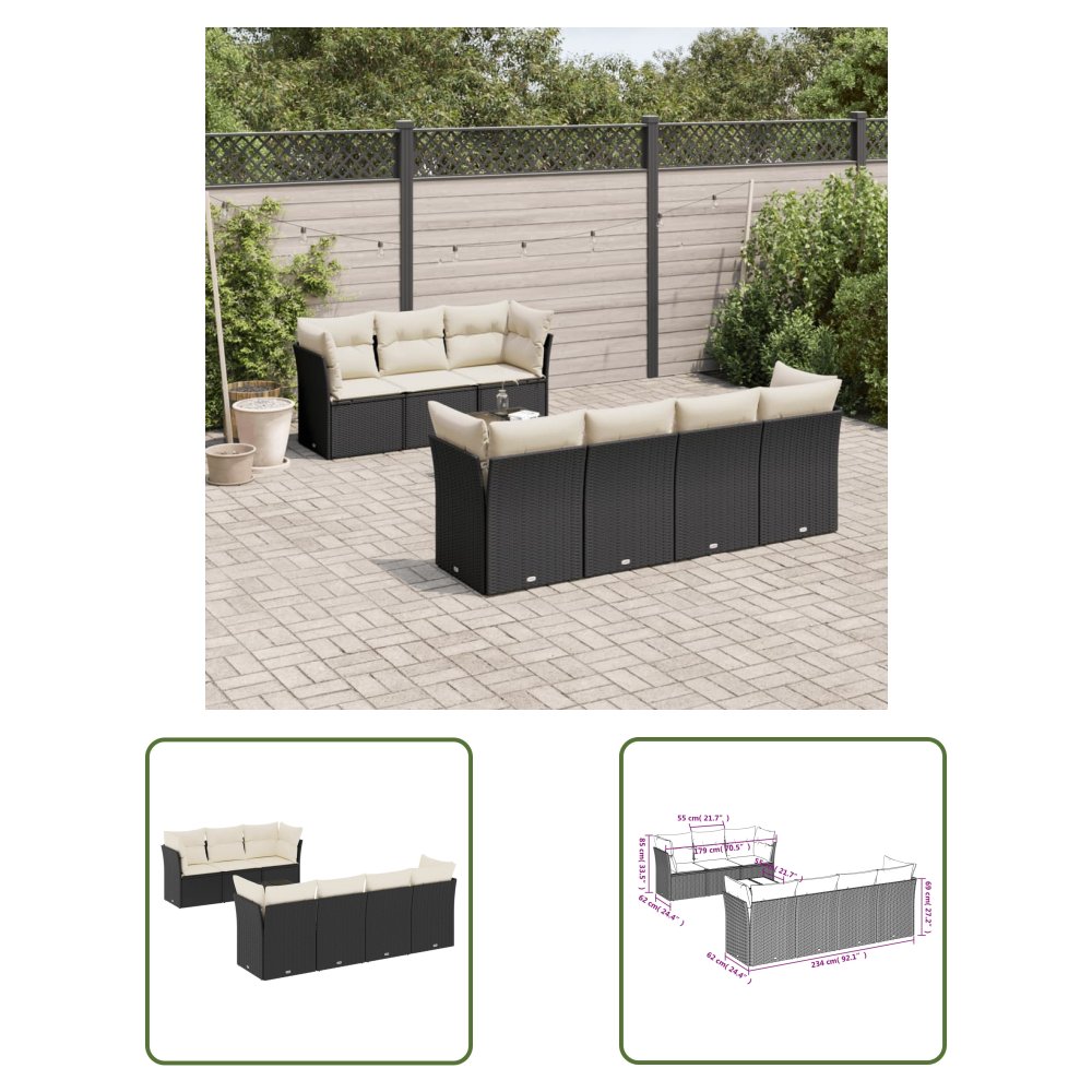 The Living Store 8-cz. zestaw wypoczynkowy do ogrodu - z poduszkami - czarny - Sofa Ogrodowa