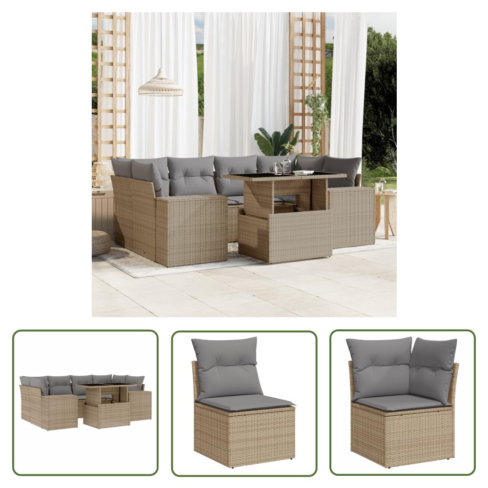 The Living Store 7-cz. zestaw wypoczynkowy do ogrodu - z poduszkami - beżowy - Sofa Ogrodowa