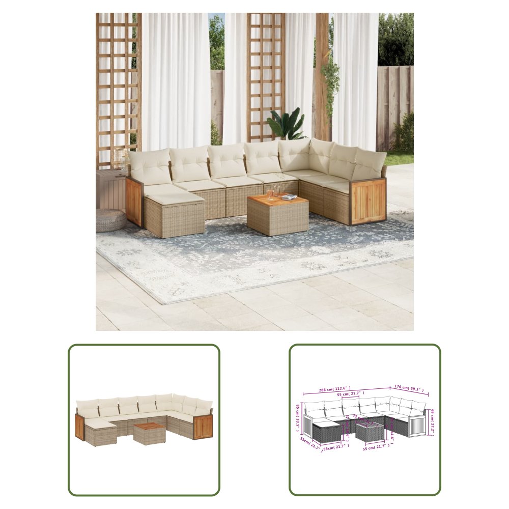 The Living Store 9-cz. zestaw mebli ogrodowych z poduszkami - beżowy - polirattan - Sofa Ogrodowa