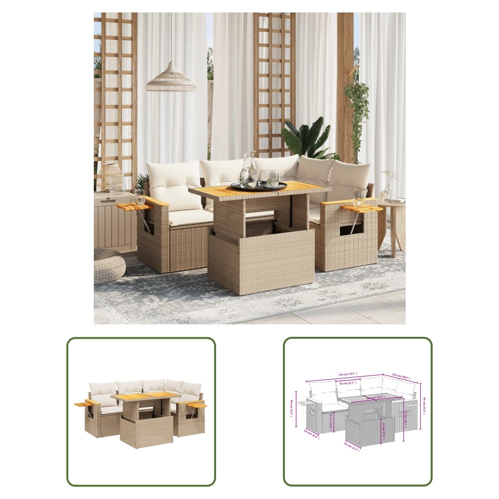 The Living Store 5-cz. zestaw mebli ogrodowych z poduszkami - beżowy - polirattan - Sofa Ogrodowa