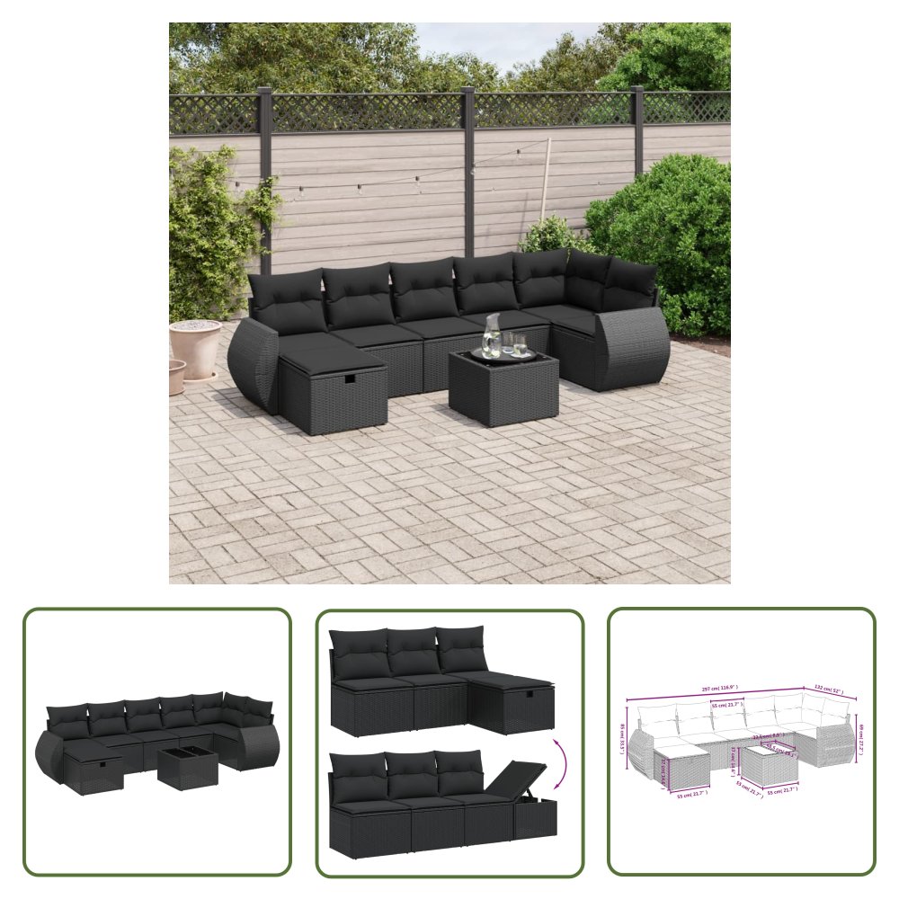 The Living Store 8-cz. zestaw wypoczynkowy do ogrodu - z poduszkami - czarny - Sofa Ogrodowa