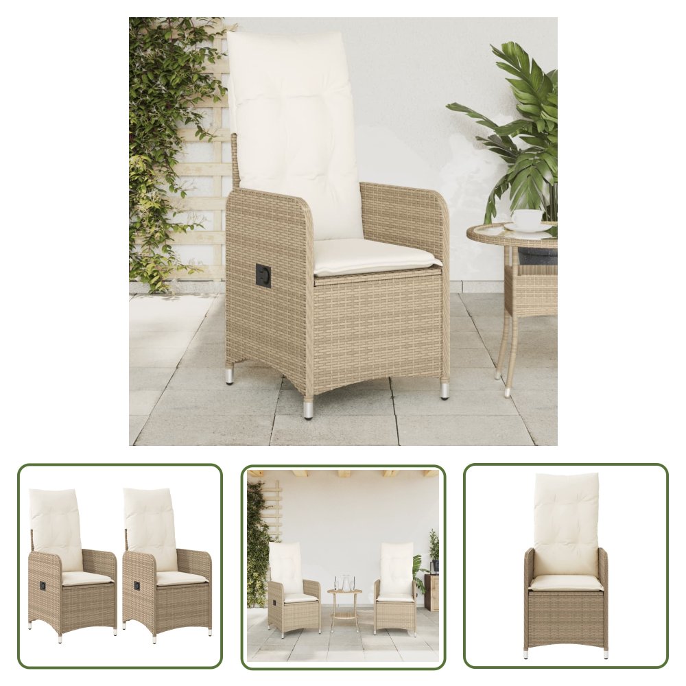 The Living Store Rozkładane fotele ogrodowe 2 szt. - poduszki - beżowy rattan PE - Krzesło Ogrodowe