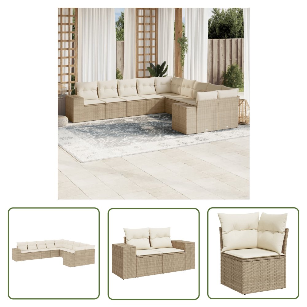The Living Store 10-cz. zestaw mebli ogrodowych z poduszkami - beżowy - polirattan - Sofa Ogrodowa