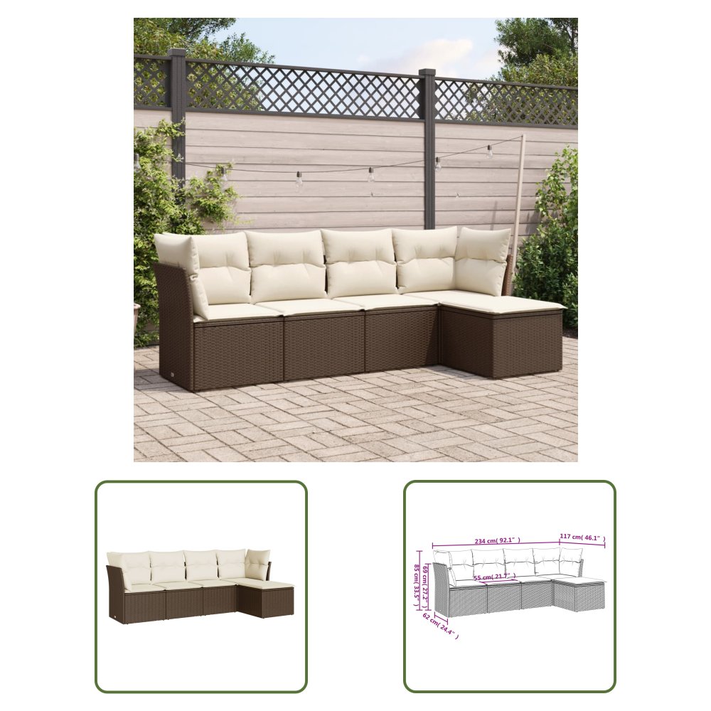 The Living Store 5-cz. zestaw mebli ogrodowych z poduszkami - brązowy - polirattan - Sofa Ogrodowa