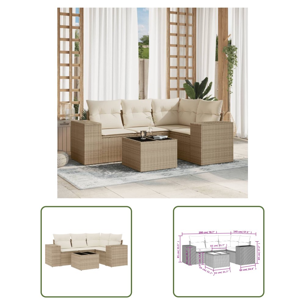 The Living Store 5-cz. zestaw mebli ogrodowych z poduszkami - beżowy - polirattan - Sofa Ogrodowa