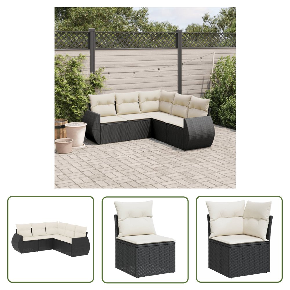 The Living Store 5-cz. zestaw wypoczynkowy do ogrodu - poduszki - czarny rattan PE - Sofa Ogrodowa