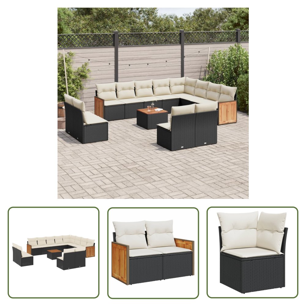 The Living Store 13-cz. zestaw mebli do ogrodu - poduszki - czarny - rattan PE - Sofa Ogrodowa