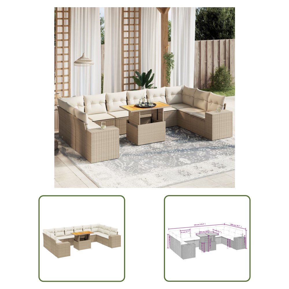 The Living Store 11-cz. zestaw mebli ogrodowych z poduszkami - beżowy - polirattan - Sofa Ogrodowa