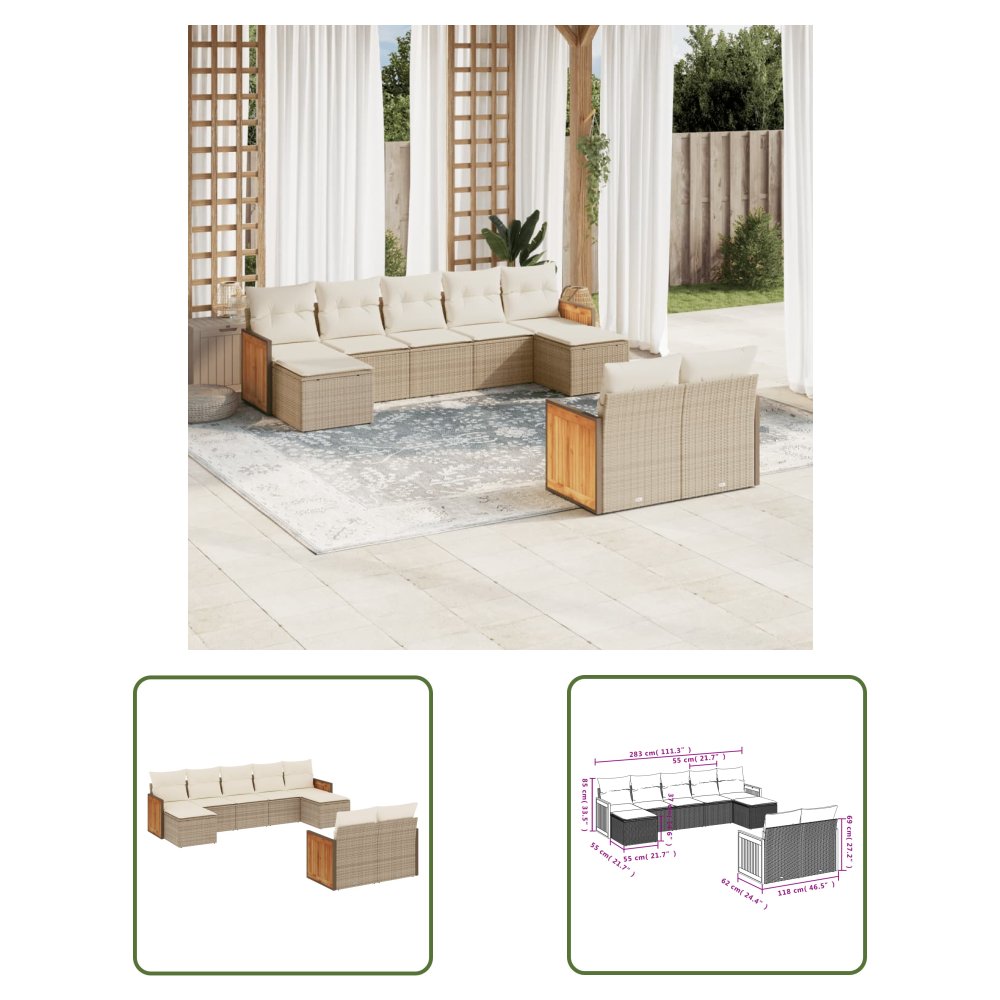 The Living Store 9-cz. zestaw mebli ogrodowych z poduszkami - beżowy - polirattan - Sofa Ogrodowa