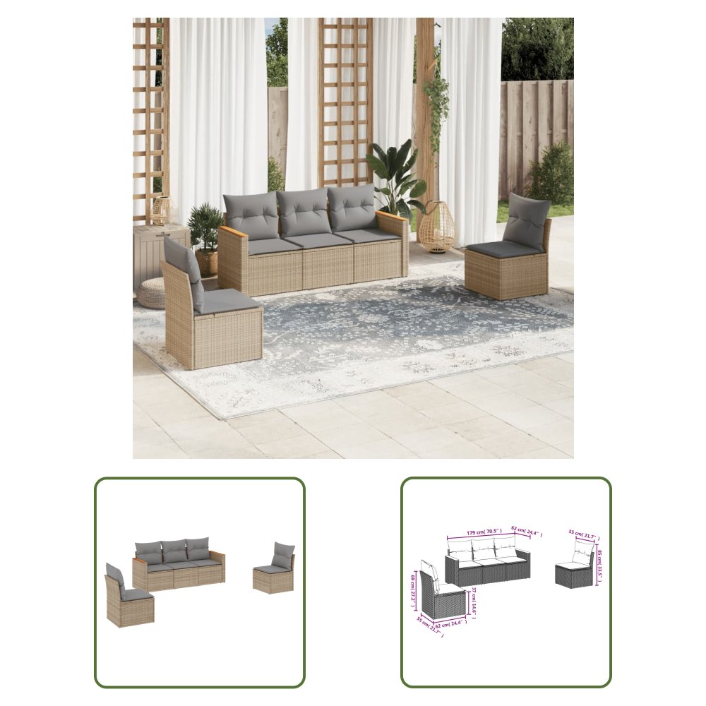 The Living Store 5-cz. zestaw mebli ogrodowych z poduszkami - beżowy - polirattan - Sofa Ogrodowa