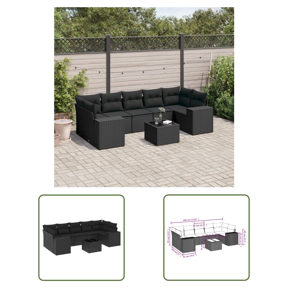 The Living Store 8-cz. zestaw wypoczynkowy do ogrodu - z poduszkami - czarny - Sofa Ogrodowa